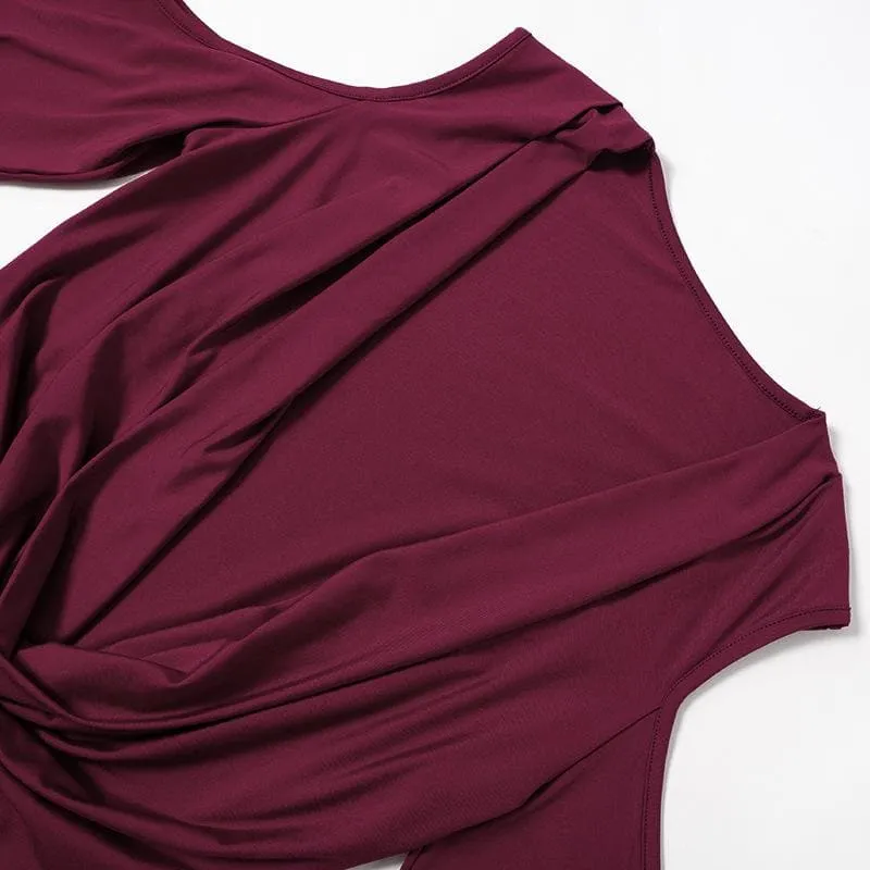 Long flared sleeve off shoulder cowl neck ruched solid mini dress