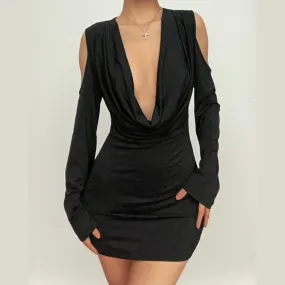 Long flared sleeve off shoulder cowl neck ruched solid mini dress