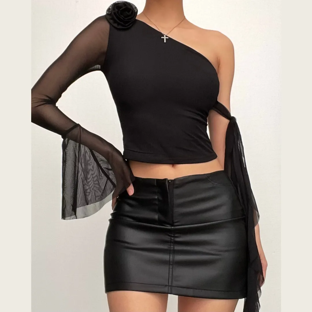 Long flared sleeve one shoulder mesh flower applique backless top