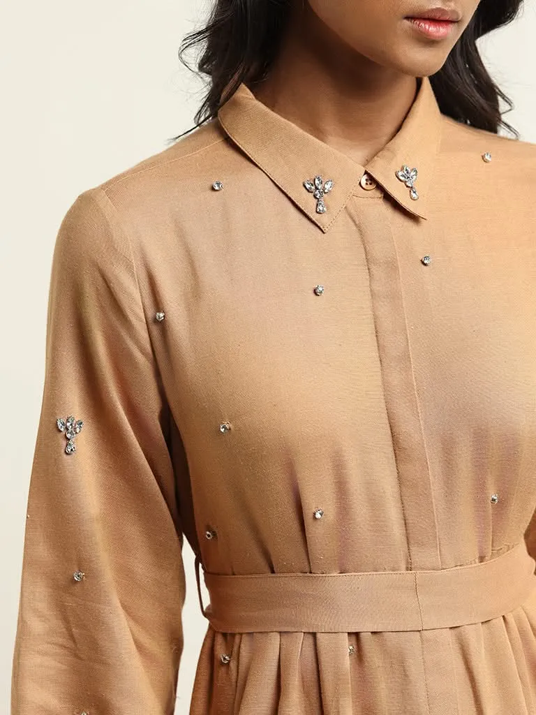 LOV Beige Embellished Blended Linen Dress with Belt