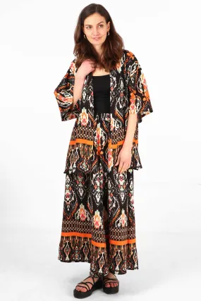 Mandala Print Short Kimono Top with Detailed Border in Black