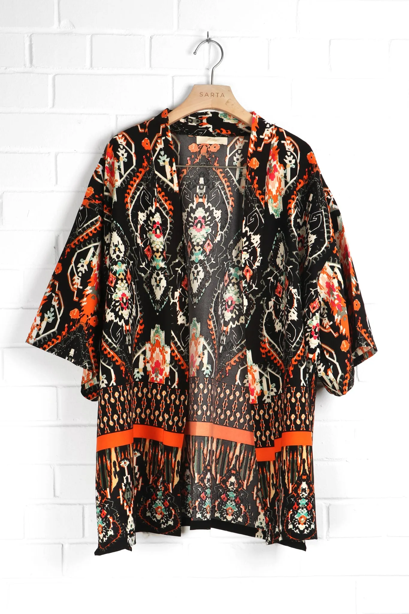 Mandala Print Short Kimono Top with Detailed Border in Black