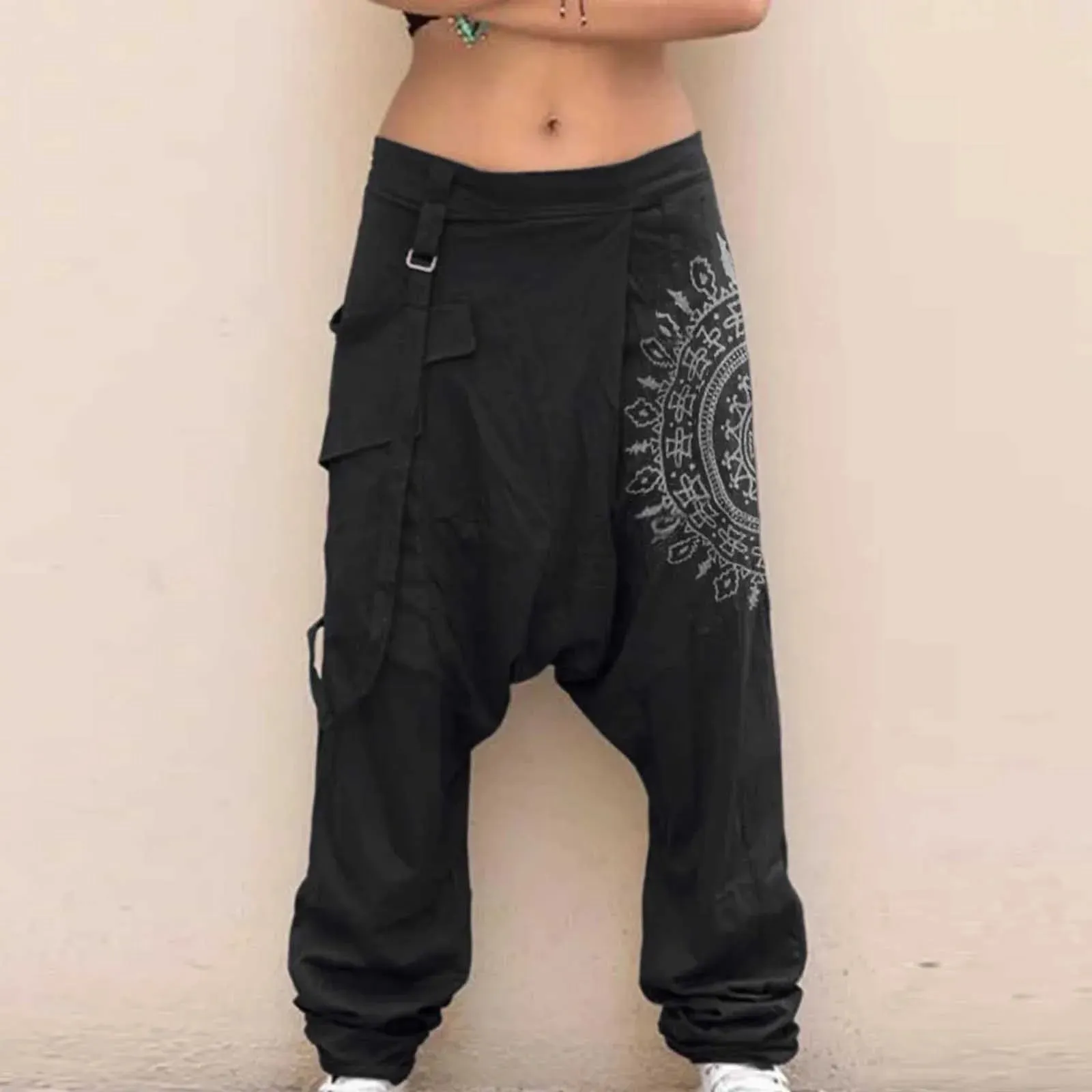 Men Wide Leg Harem Pants Fashion Print Plus Size Casual Elastic Waist Pockets Soft Breathable Long Trousers 2024 Male Clothing
