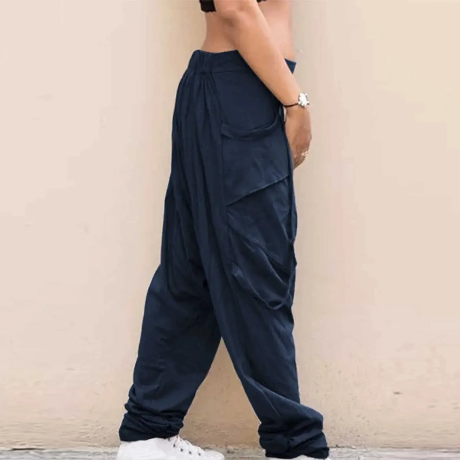 Men Wide Leg Harem Pants Fashion Print Plus Size Casual Elastic Waist Pockets Soft Breathable Long Trousers 2024 Male Clothing