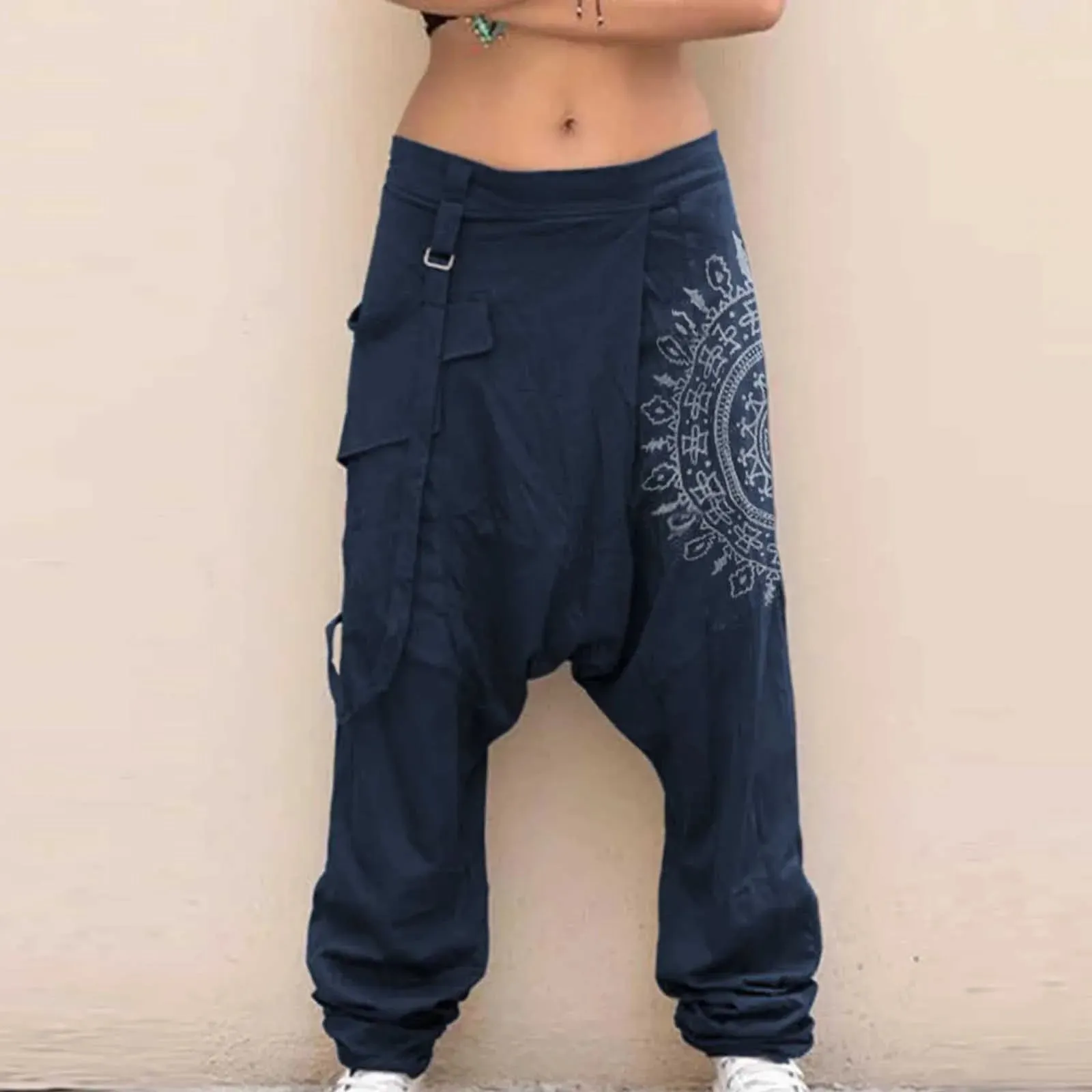 Men Wide Leg Harem Pants Fashion Print Plus Size Casual Elastic Waist Pockets Soft Breathable Long Trousers 2024 Male Clothing