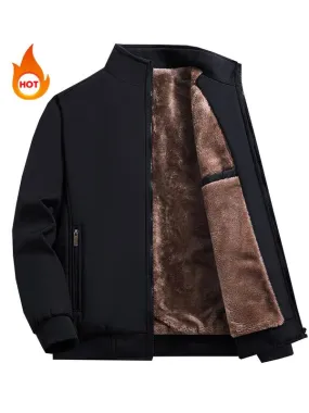 Men's Solid Color Funnel Neck Zip Up Thermal Lined Fleece Jacket, Regular Fit Casual Long Sleeve Zip Front Outerwear for Fall & Winter, Men's Clothes for Daily Wear