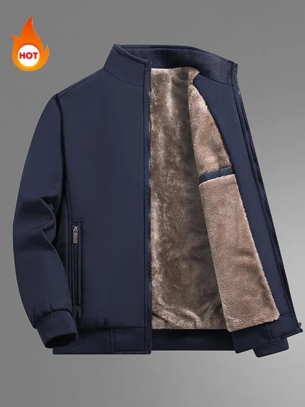 Men's Solid Color Funnel Neck Zip Up Thermal Lined Fleece Jacket, Regular Fit Casual Long Sleeve Zip Front Outerwear for Fall & Winter, Men's Clothes for Daily Wear