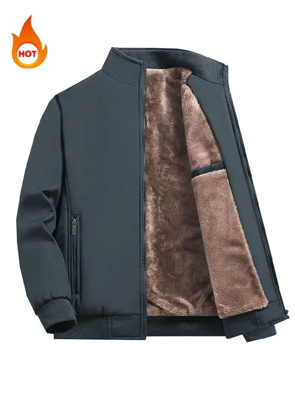 Men's Solid Color Funnel Neck Zip Up Thermal Lined Fleece Jacket, Regular Fit Casual Long Sleeve Zip Front Outerwear for Fall & Winter, Men's Clothes for Daily Wear