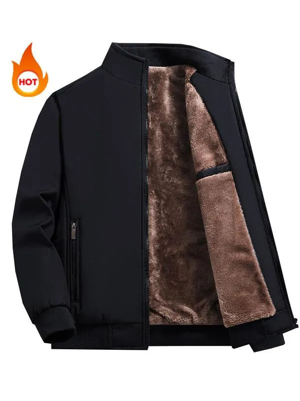 Men's Solid Color Funnel Neck Zip Up Thermal Lined Fleece Jacket, Regular Fit Casual Long Sleeve Zip Front Outerwear for Fall & Winter, Men's Clothes for Daily Wear