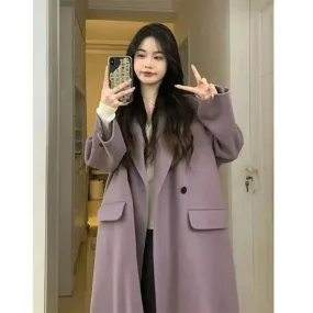 New Autumn/Winter Medium-Length Woolen Coat – Women’s Purple Korean Style Overcoat