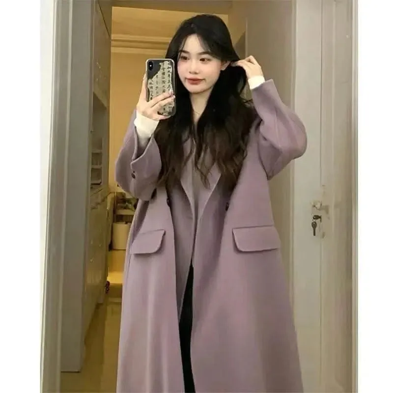 New Autumn/Winter Medium-Length Woolen Coat – Women’s Purple Korean Style Overcoat