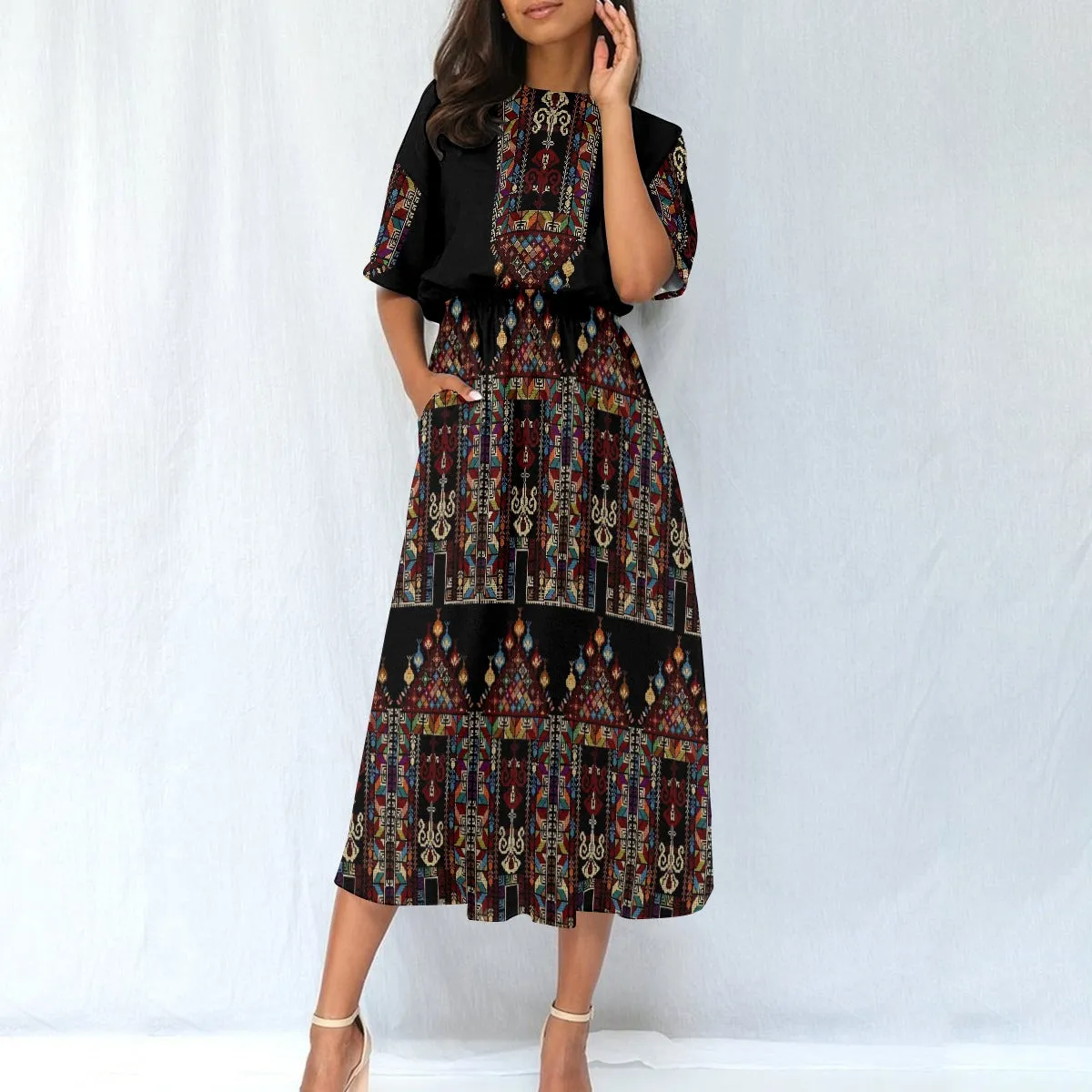 Palestinian Tatreez Print Women's Elastic Waist Dress -