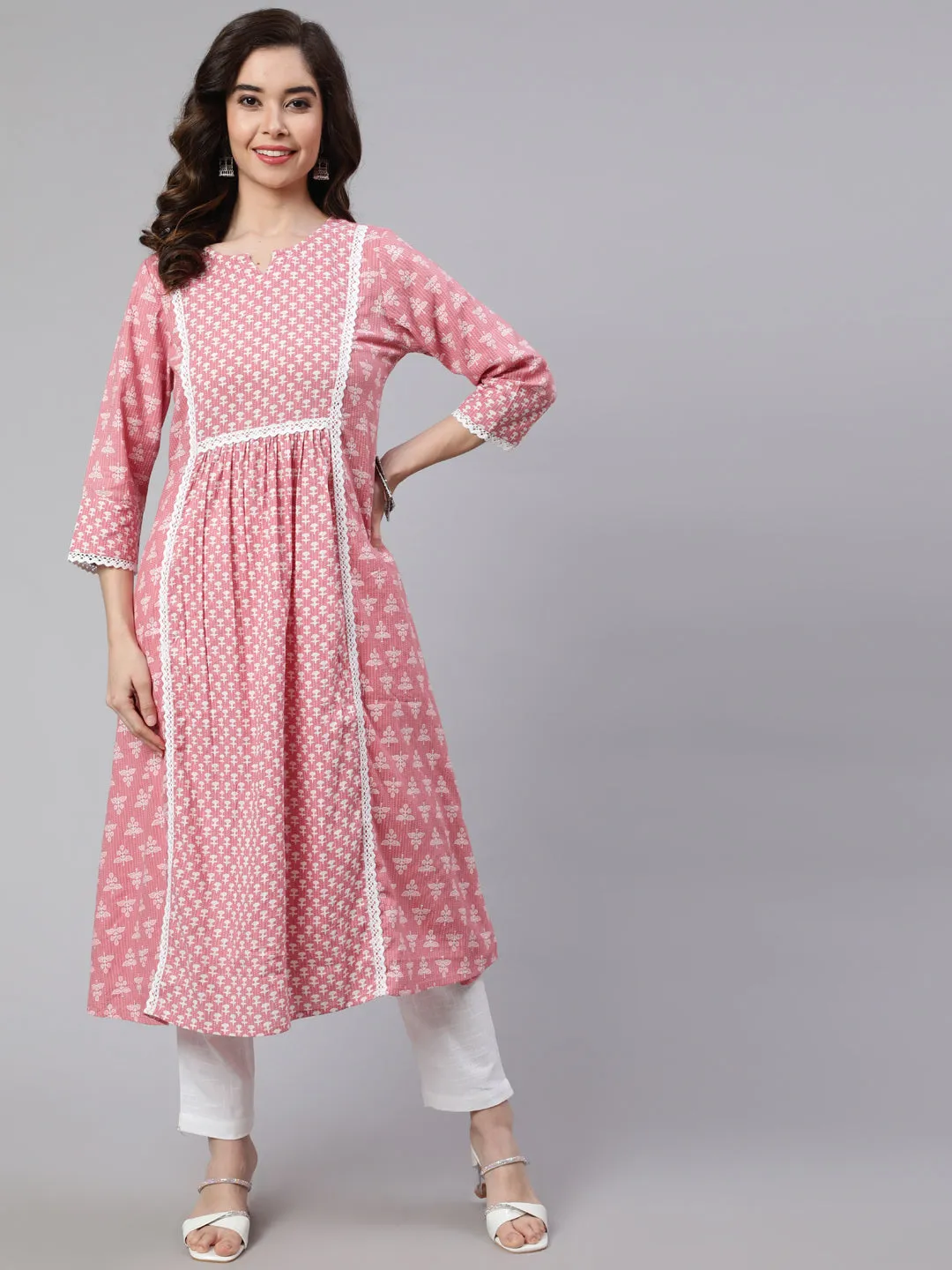 Pink Laced Woven Mix-Match A-line Kurta