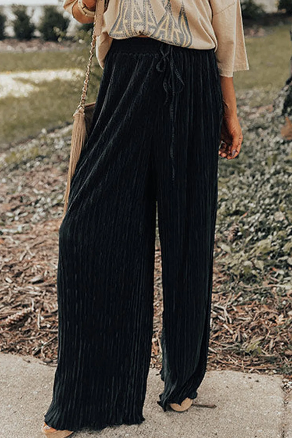 Pleated Drawstring High Waist Wide Leg Pants
