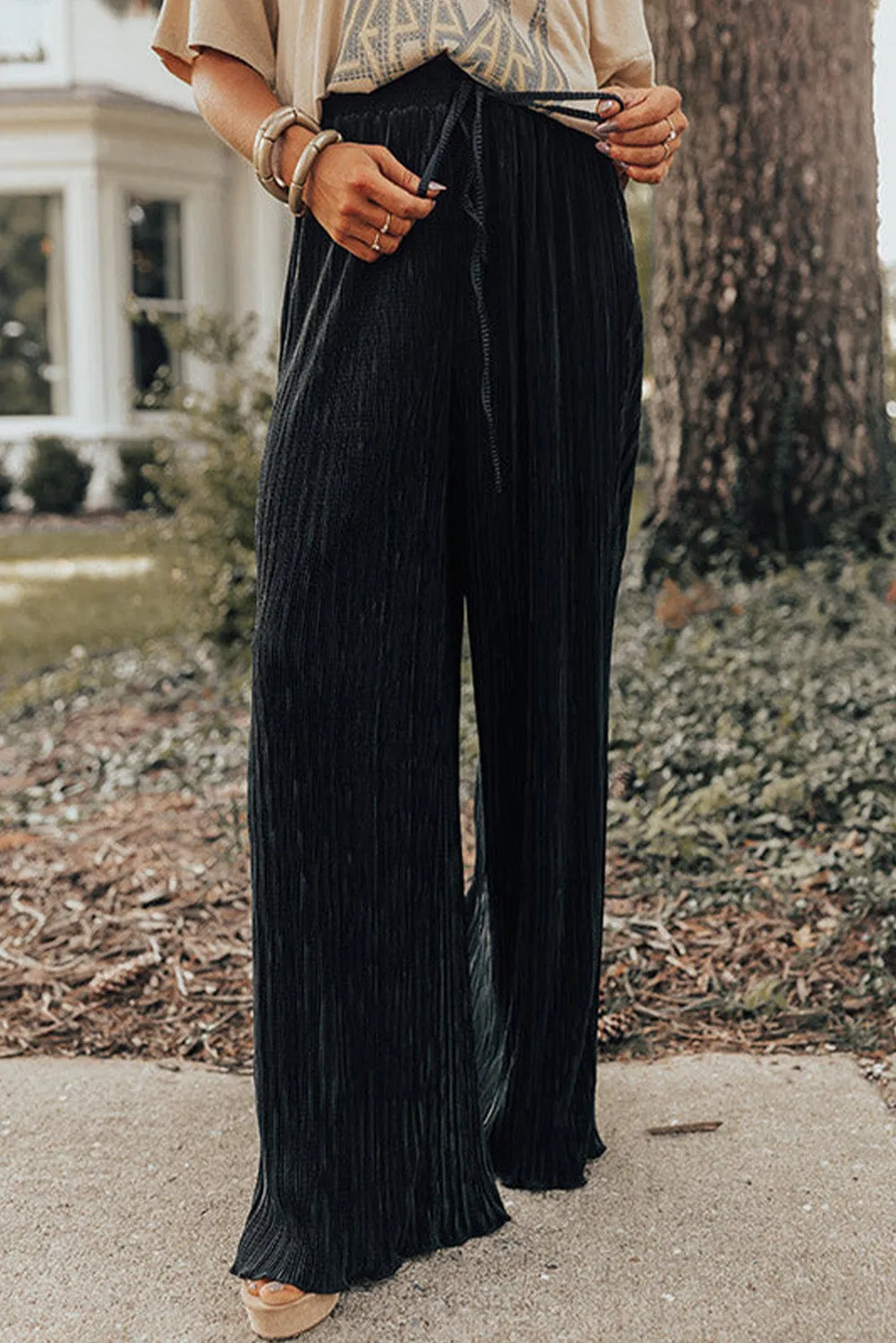 Pleated Drawstring High Waist Wide Leg Pants