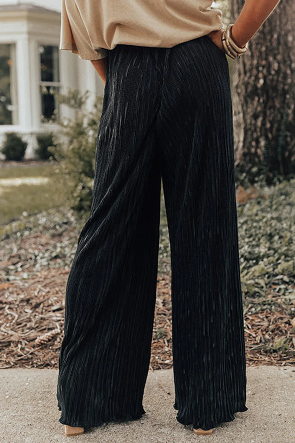 Pleated Drawstring High Waist Wide Leg Pants