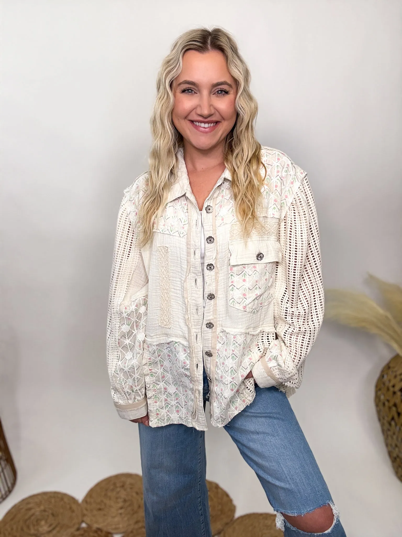 POL Natural Lightweight Spring Shacket with Crochet Sleeves by POL