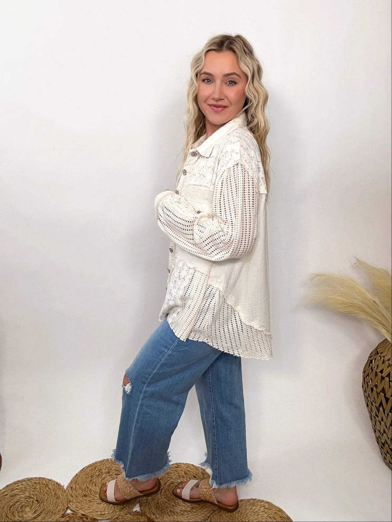 POL Natural Lightweight Spring Shacket with Crochet Sleeves by POL