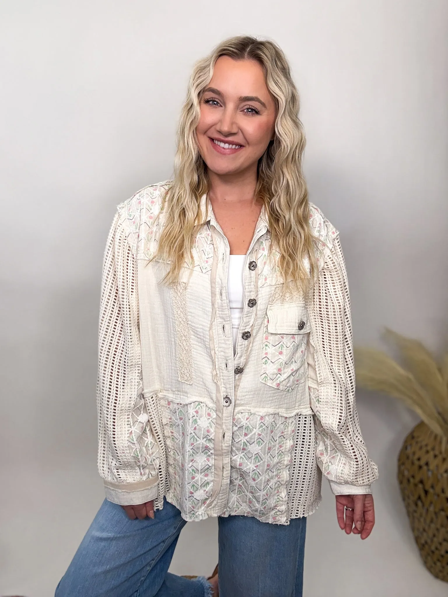 POL Natural Lightweight Spring Shacket with Crochet Sleeves by POL