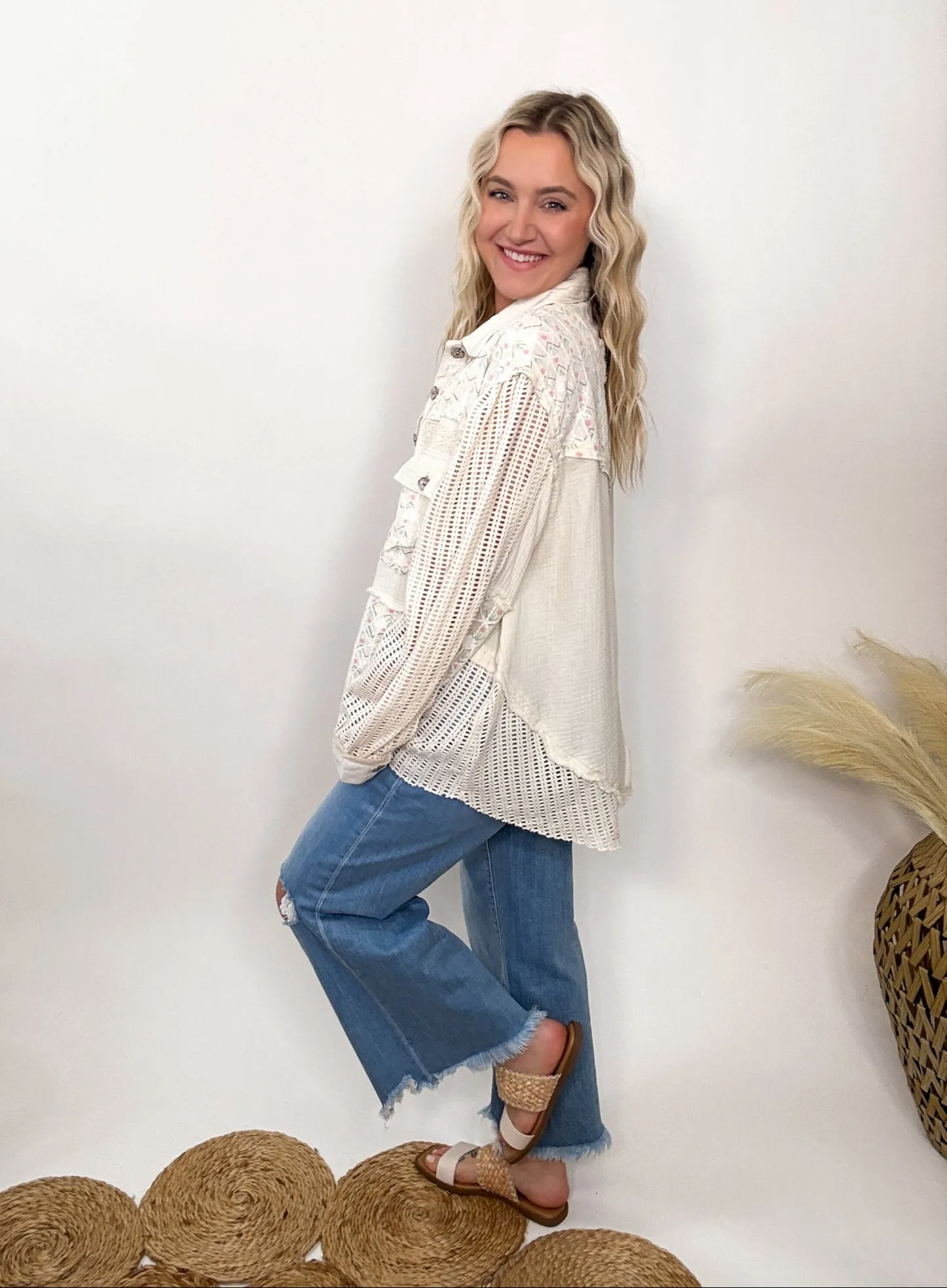 POL Natural Lightweight Spring Shacket with Crochet Sleeves by POL