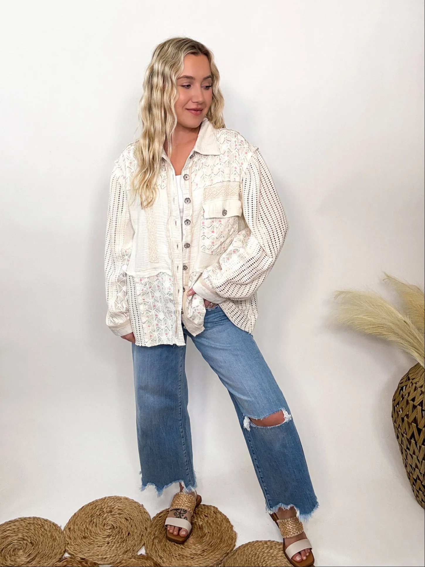 POL Natural Lightweight Spring Shacket with Crochet Sleeves by POL