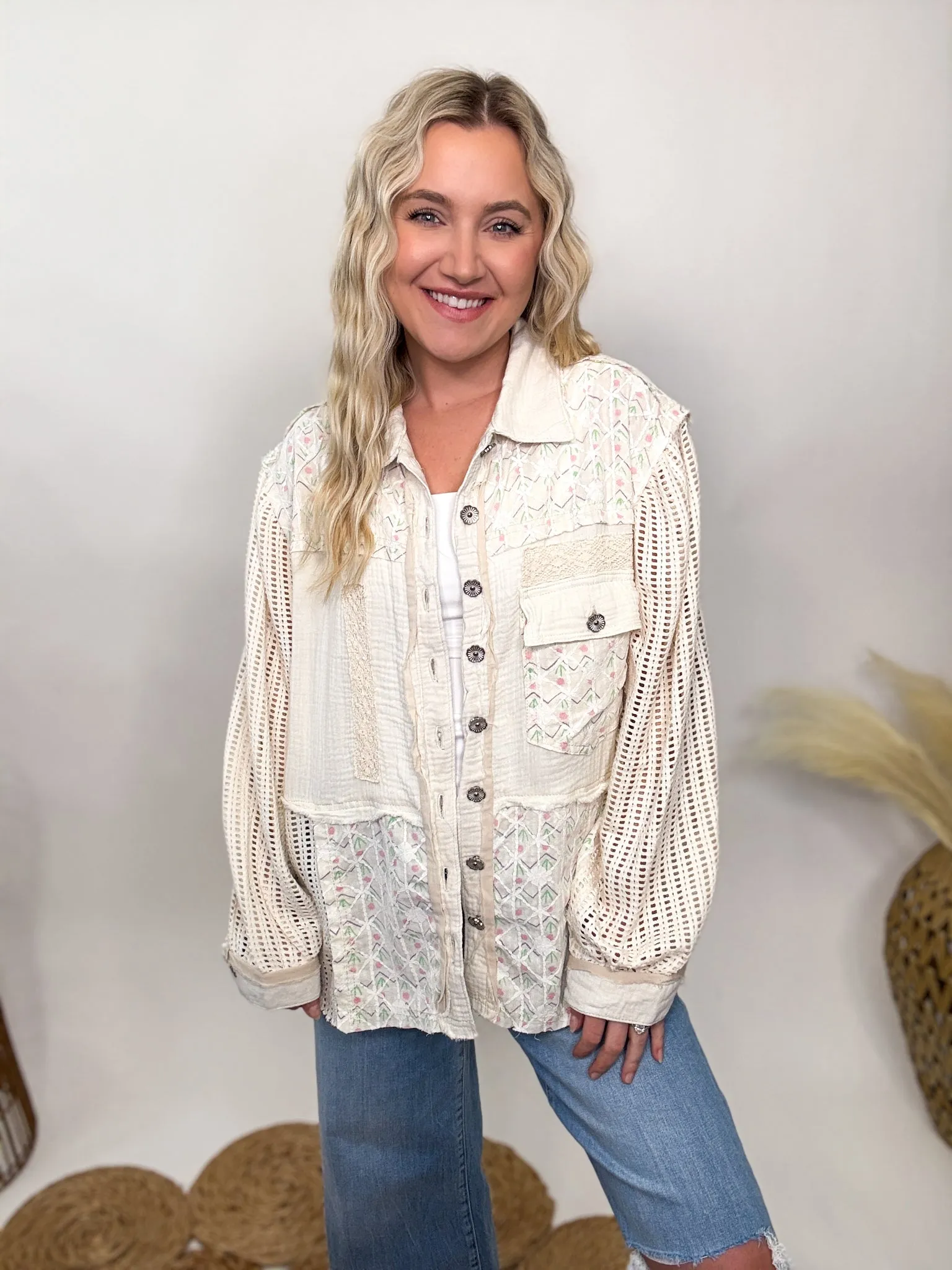 POL Natural Lightweight Spring Shacket with Crochet Sleeves by POL