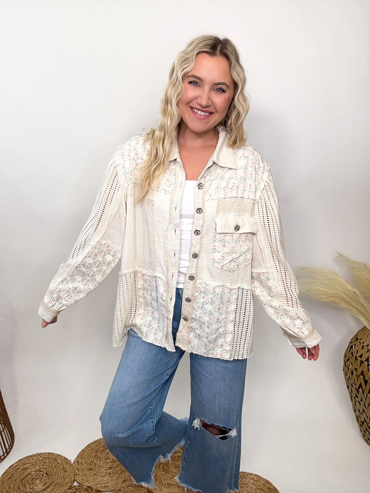 POL Natural Lightweight Spring Shacket with Crochet Sleeves by POL