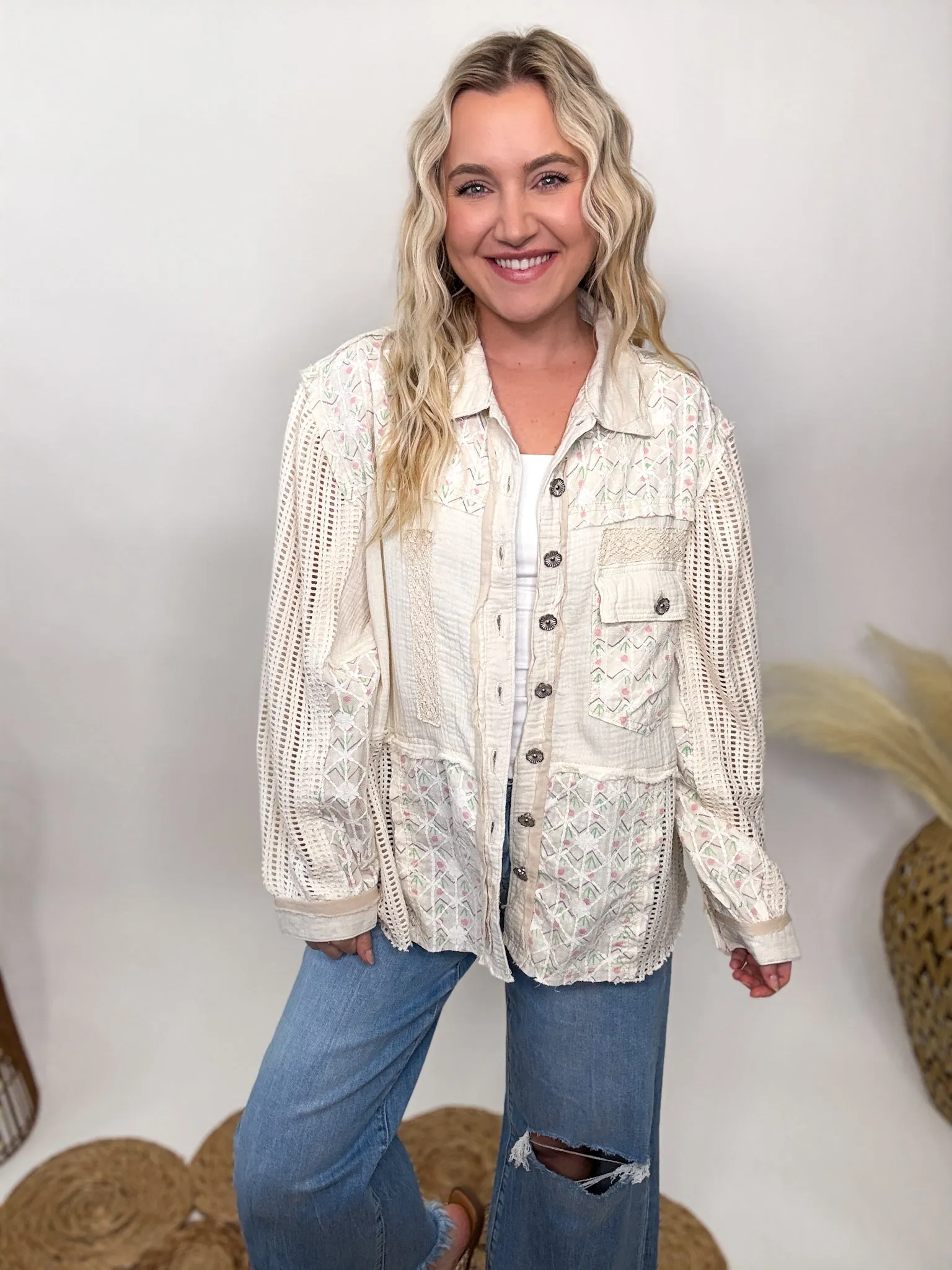 POL Natural Lightweight Spring Shacket with Crochet Sleeves by POL