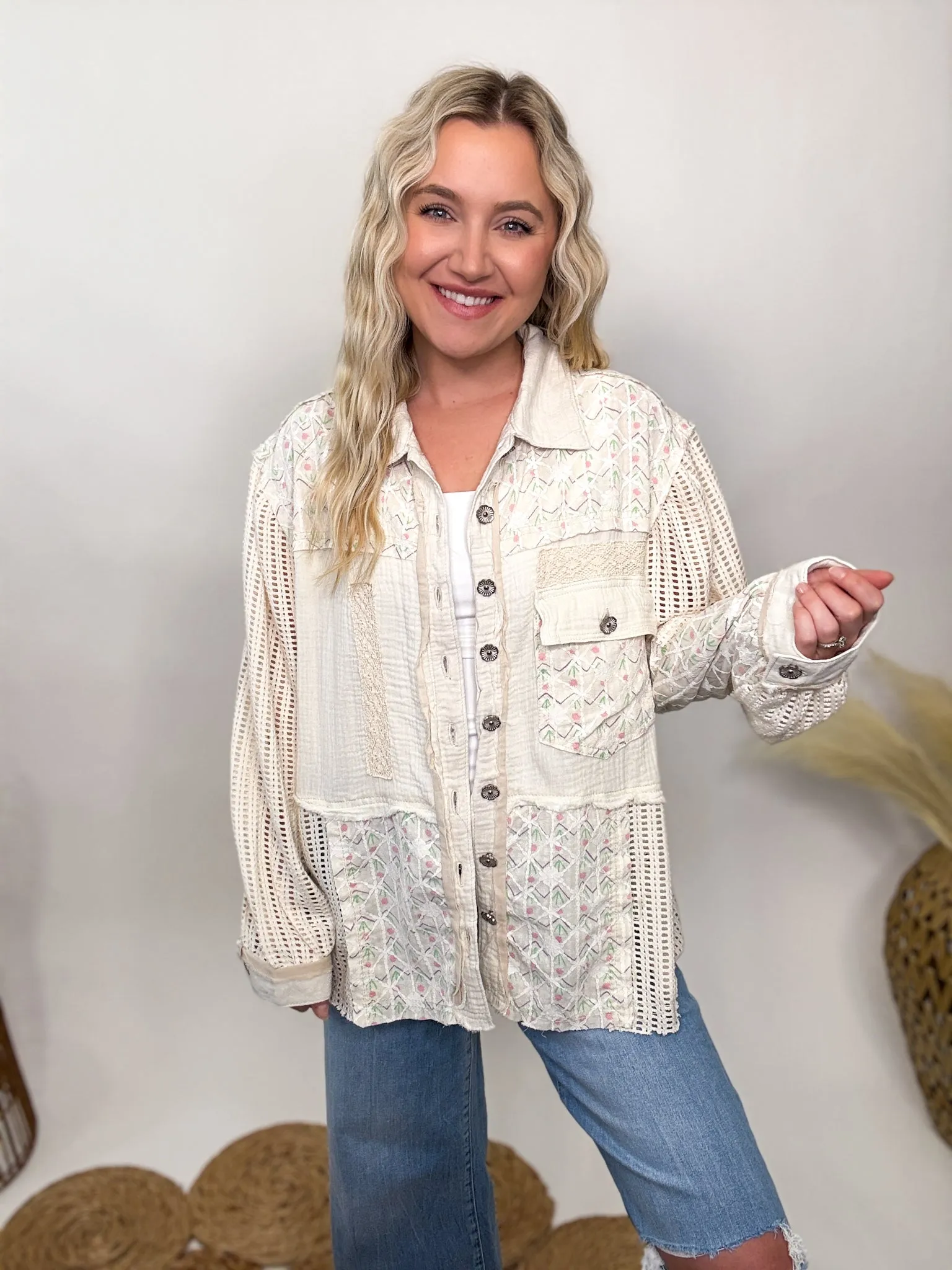 POL Natural Lightweight Spring Shacket with Crochet Sleeves by POL