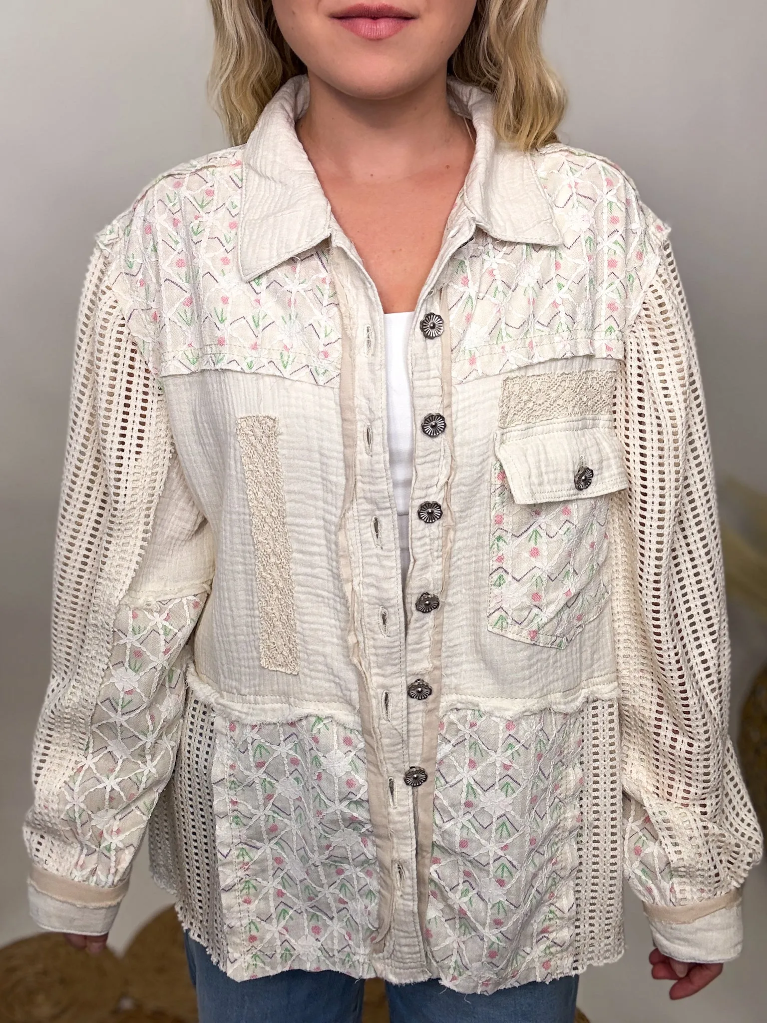 POL Natural Lightweight Spring Shacket with Crochet Sleeves by POL