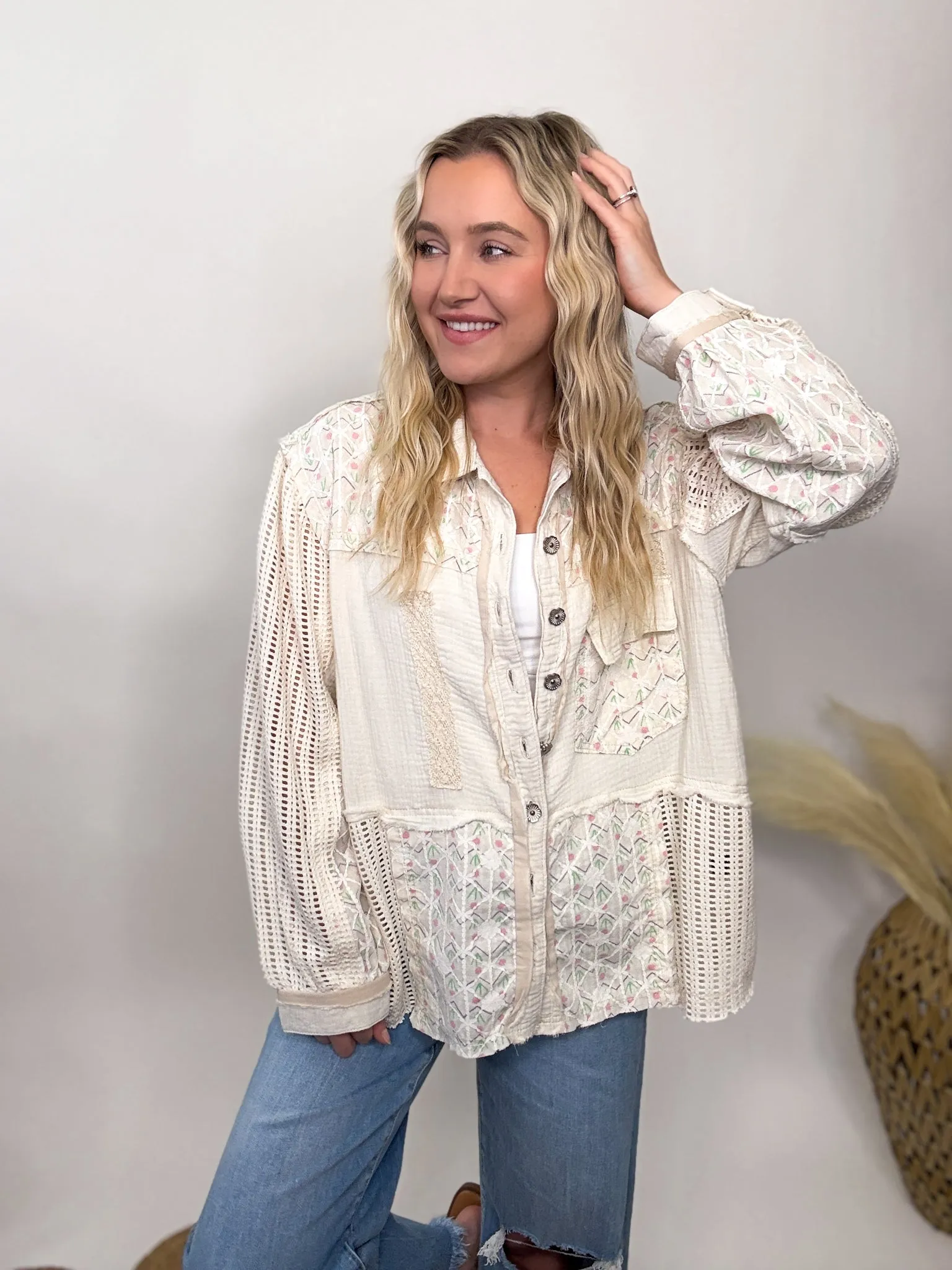 POL Natural Lightweight Spring Shacket with Crochet Sleeves by POL