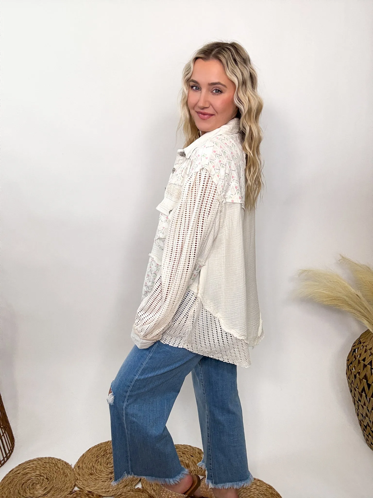 POL Natural Lightweight Spring Shacket with Crochet Sleeves by POL