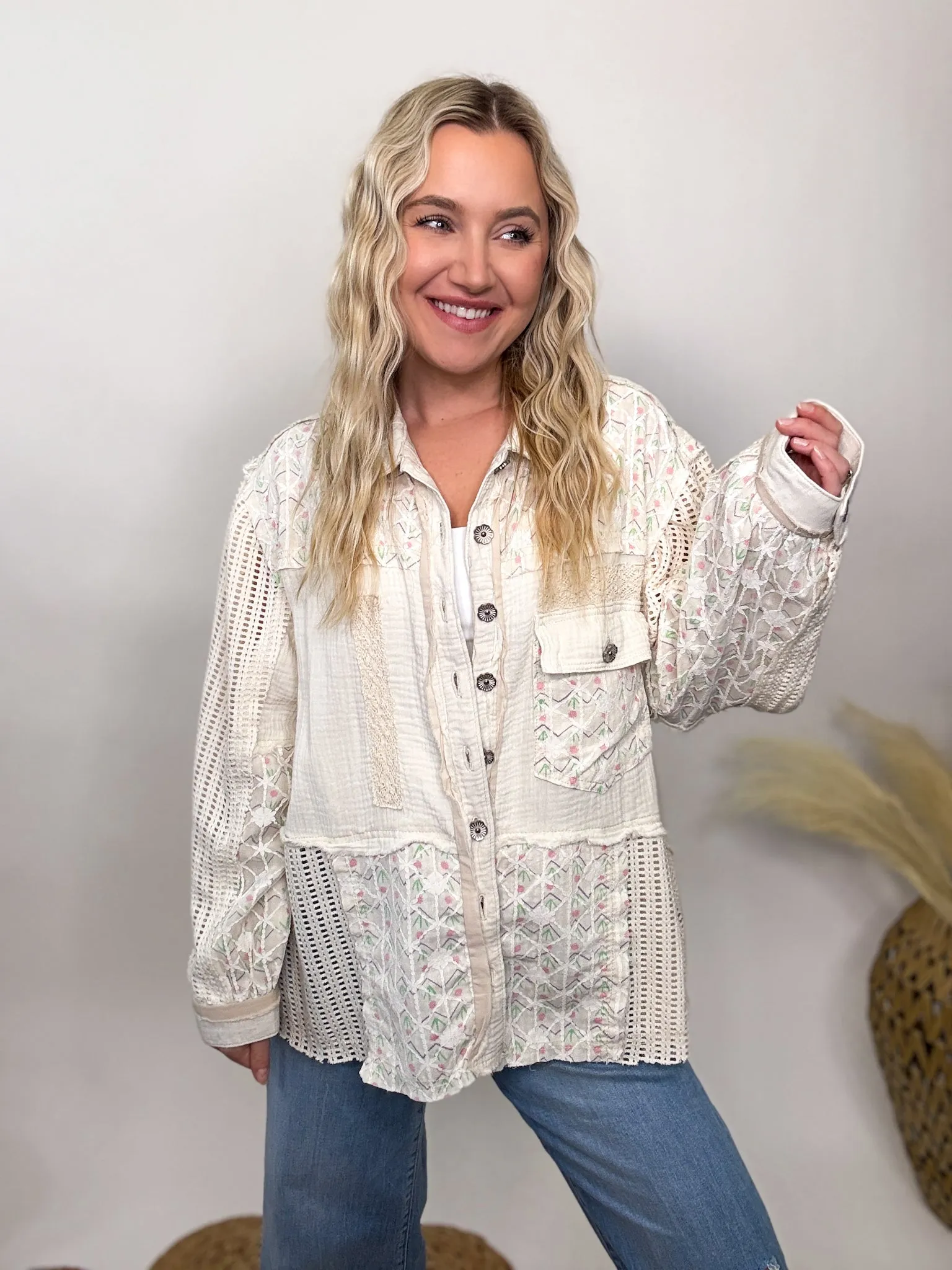 POL Natural Lightweight Spring Shacket with Crochet Sleeves by POL
