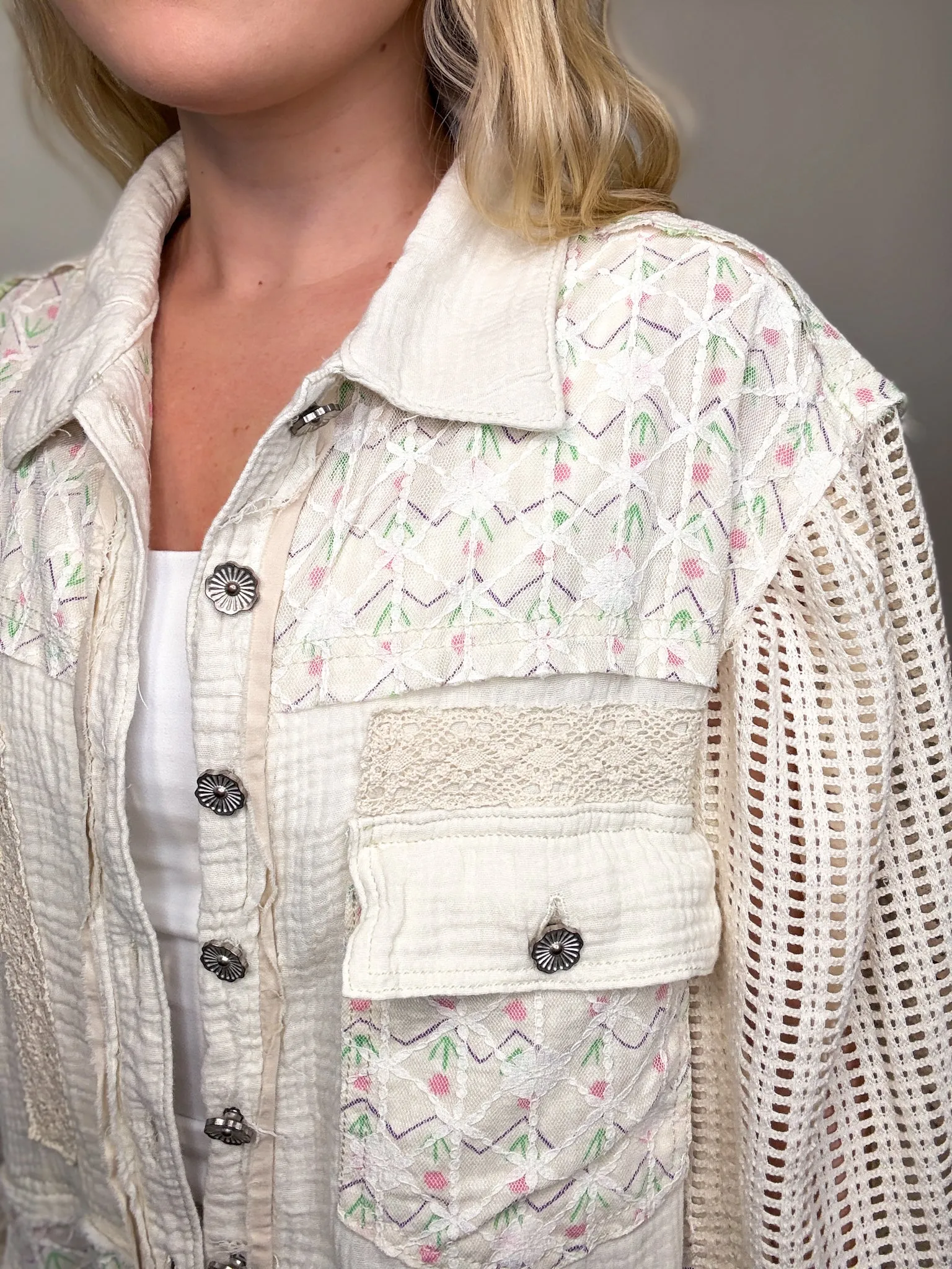 POL Natural Lightweight Spring Shacket with Crochet Sleeves by POL
