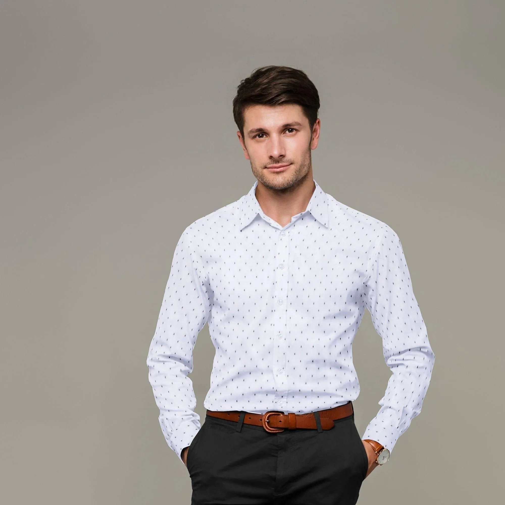 Powder blue 100% cotton shirting fabric with dark navy blue jacquard in dot design-D7285