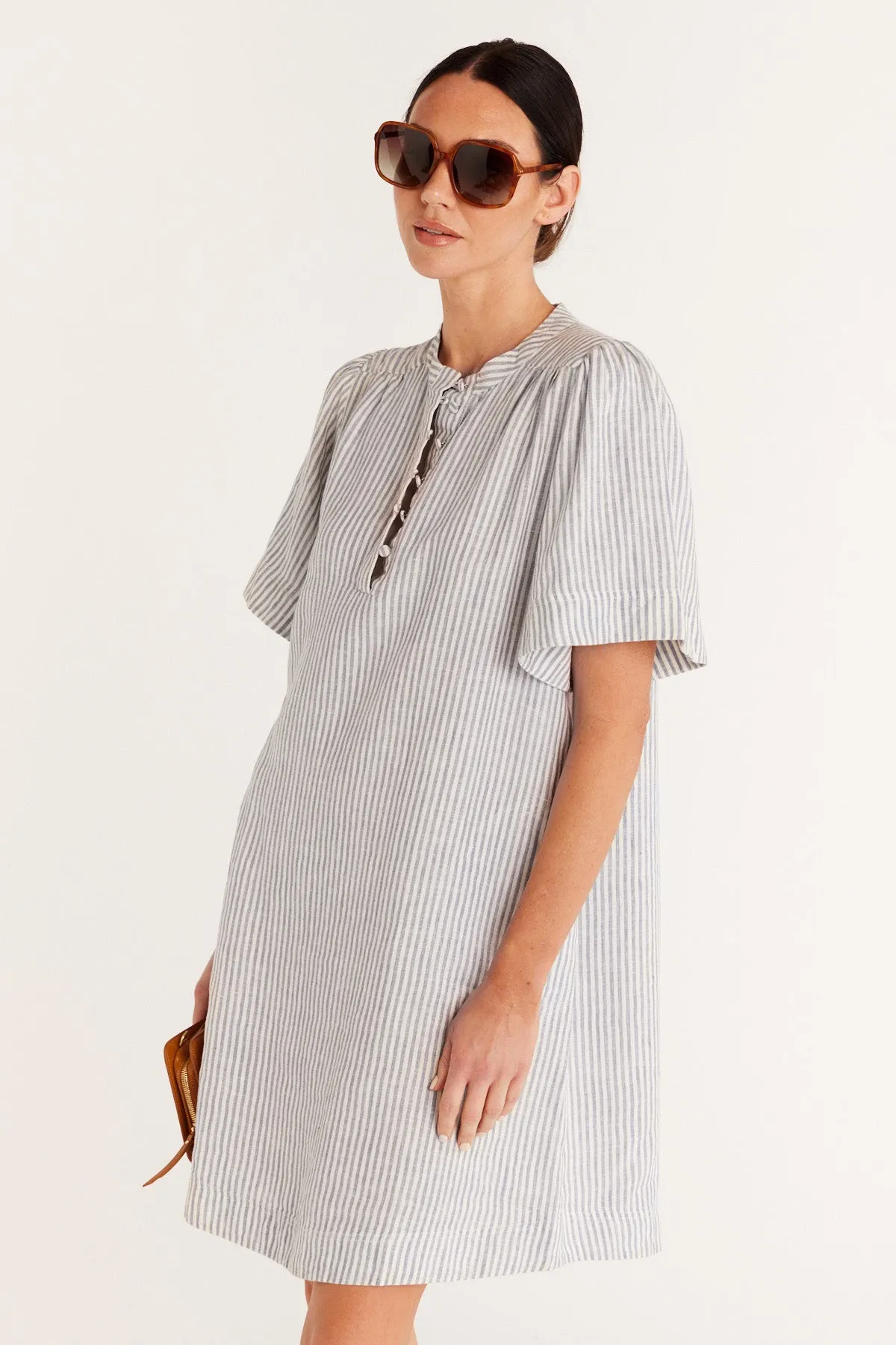 Pure Linen Dress - Blue Stripe