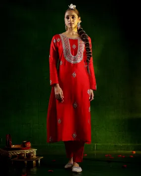 Red Embellished Belgium Silk Kurta Set