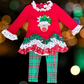 Red Reindeer Ruffle Shirt w/ Plaid Pants