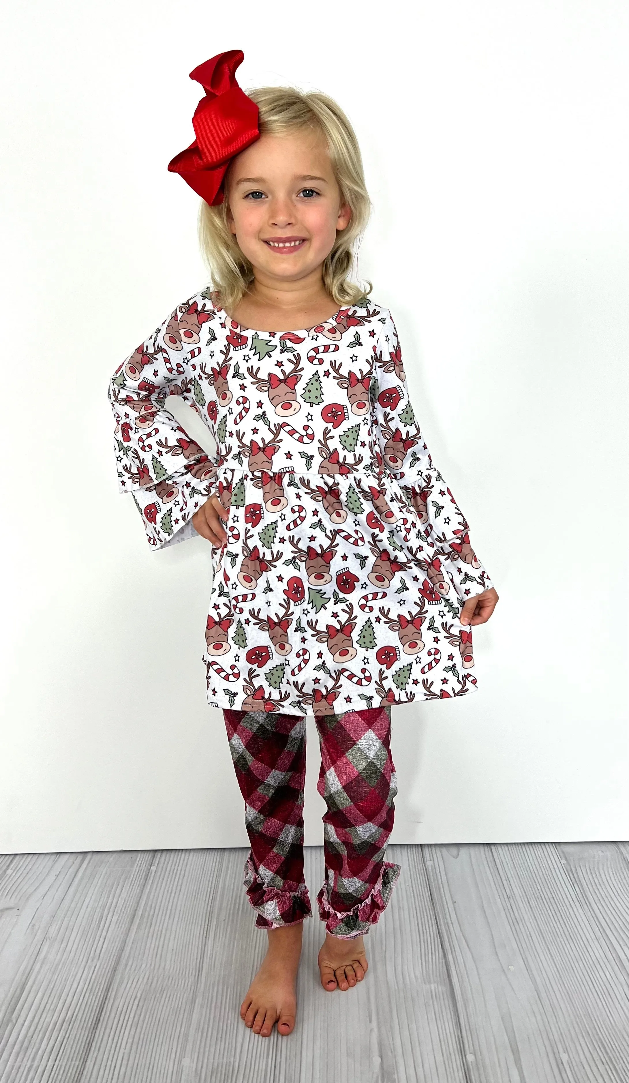 Reindeer Plaid 2-Pc Girl's Pants Set
