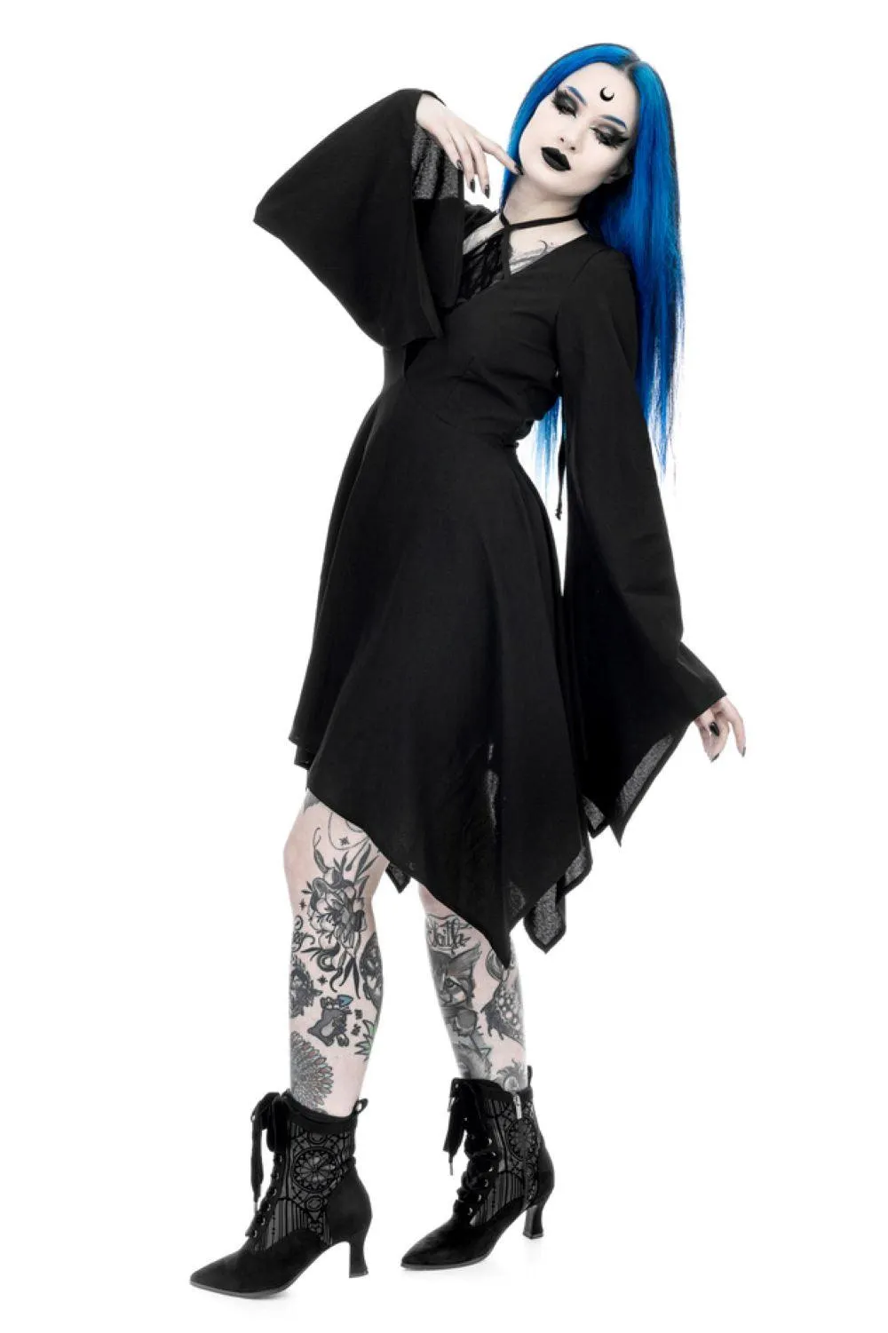 Restyle - Azael - Gothic Midi Dress with Flocked Mesh Panel