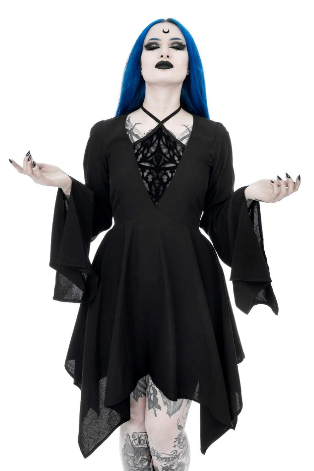 Restyle - Azael - Gothic Midi Dress with Flocked Mesh Panel