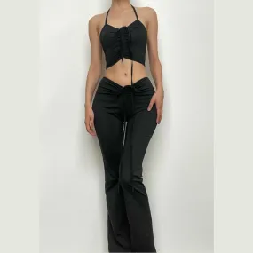 Self tie halter drawstring ruched backless solid flared pant set