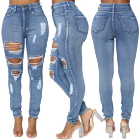 Sexy High Waist Ripped Zipper Skinny Denim Pants