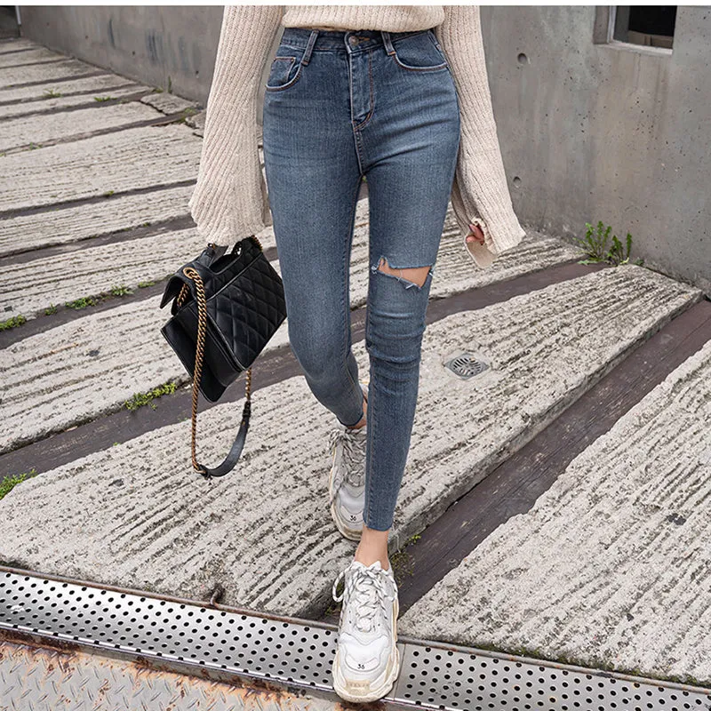 Sexy Ripped Bodycon Skinny Ankle Length Denim Pants
