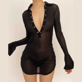 Sheer mesh see through button turnover collar flared sleeve mini dress