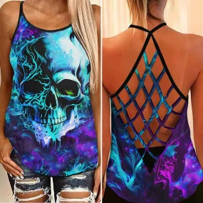 Skull Abtract 3D Criss-Cross Open Back Tank Top