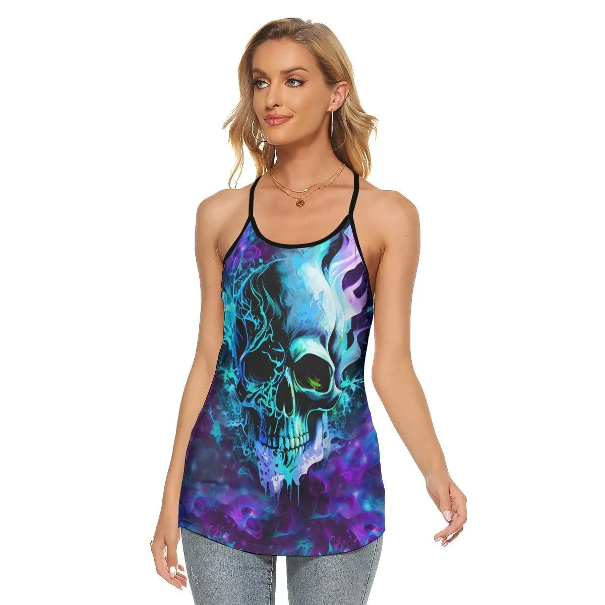 Skull Abtract 3D Criss-Cross Open Back Tank Top