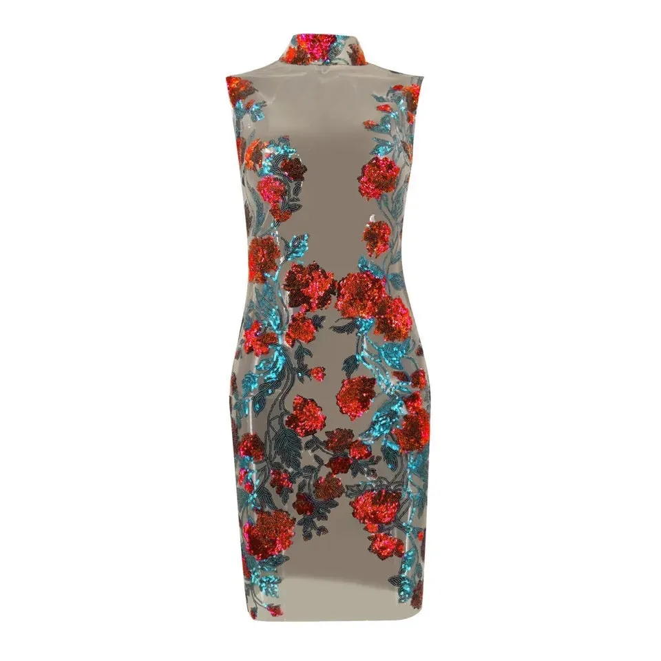 Sleeveless High Neck Mesh Floral Dress