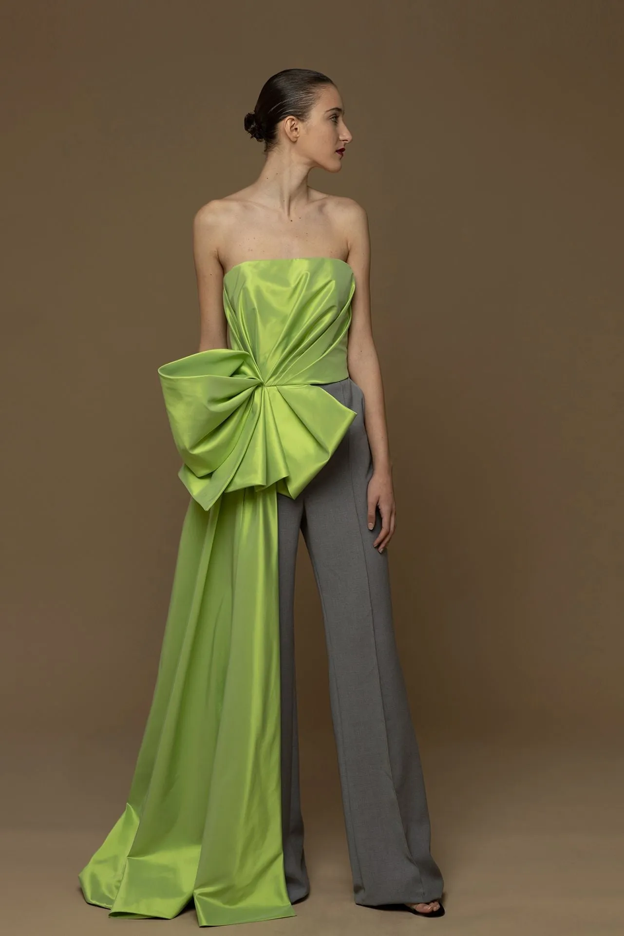Strapless Top with Bow and Flared Pants