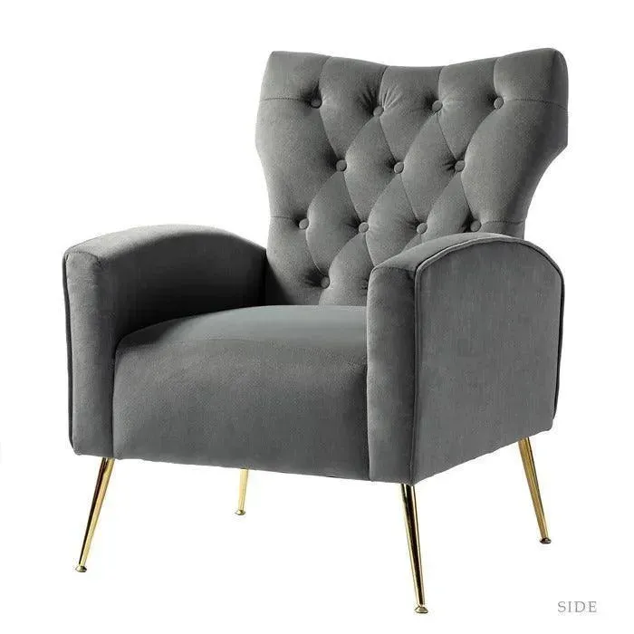 Stuffed Wide Tufted Velvet Wingback Chair for Living Room (Golden Metal Legs)